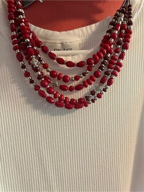 Multi-Strand Red Beaded Necklace with Silver Accents - Women's Jewelry